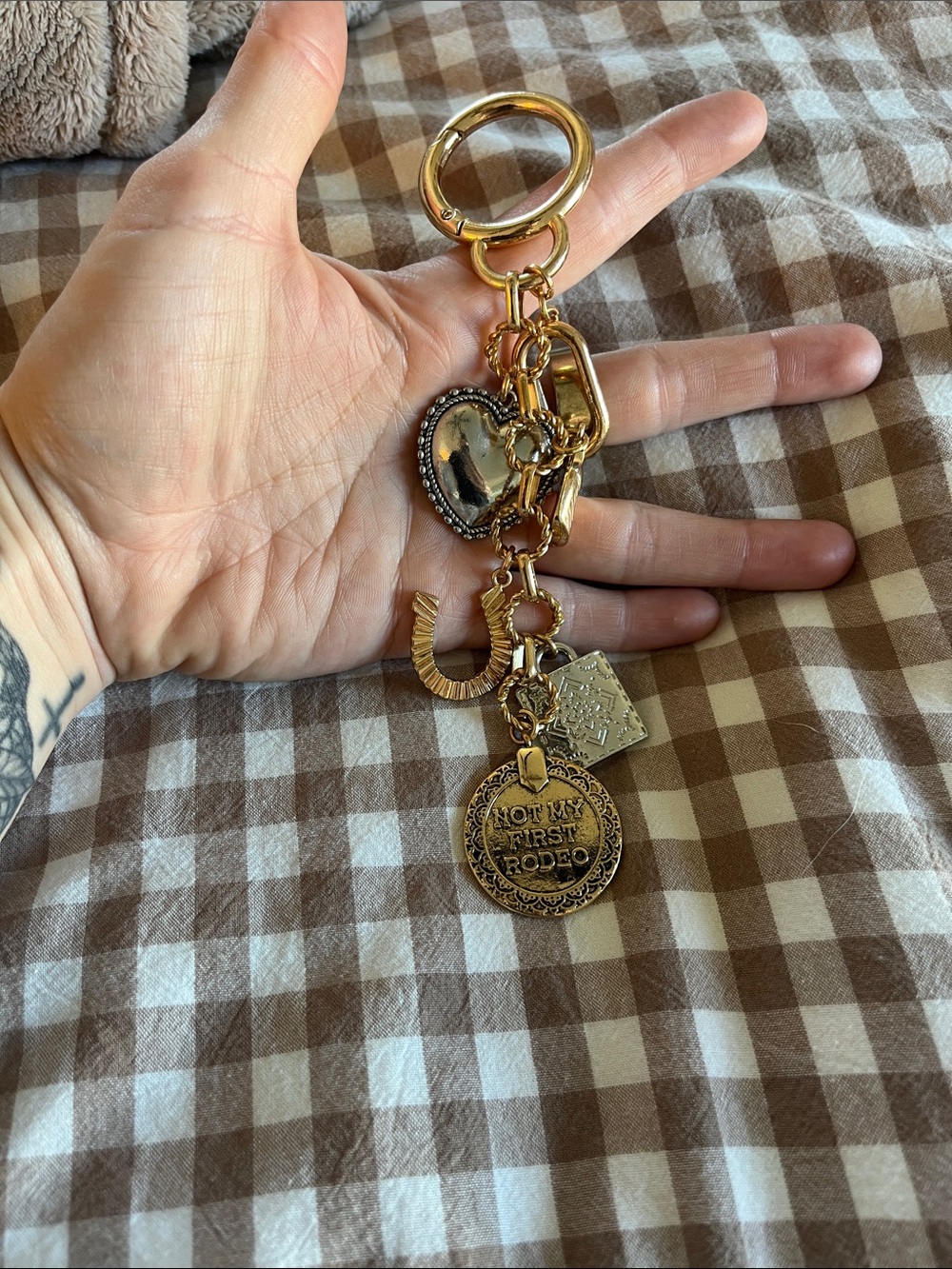 Gold-Tone Charm Keychain with 'Not My First Rodeo' Medallion